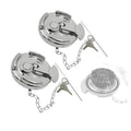 Locking diesel fuel cap set, chrome lever-style caps with hinged keys and chain