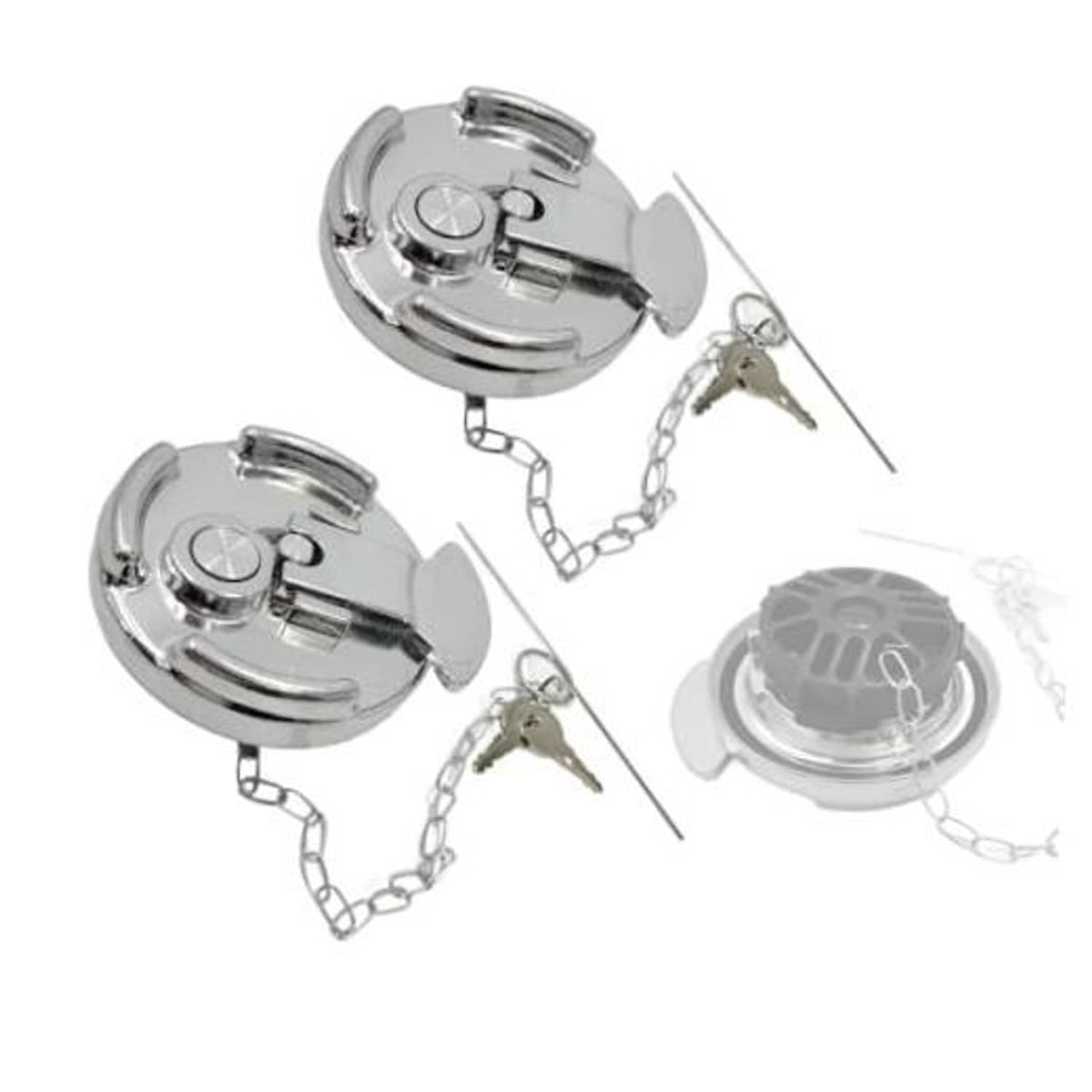 Locking diesel fuel cap set, chrome lever-style caps with hinged keys and chain