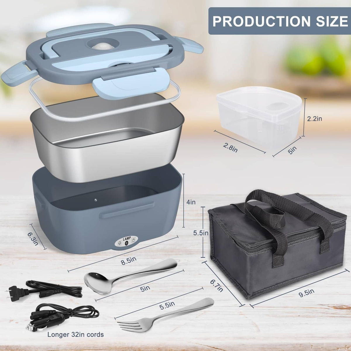 Light blue electric lunch box set with utensils, black insulated carry bag, charging cords