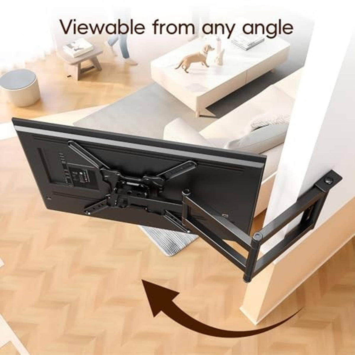 Full motion TV wall mount bracket extended and swiveled, black metal hardware