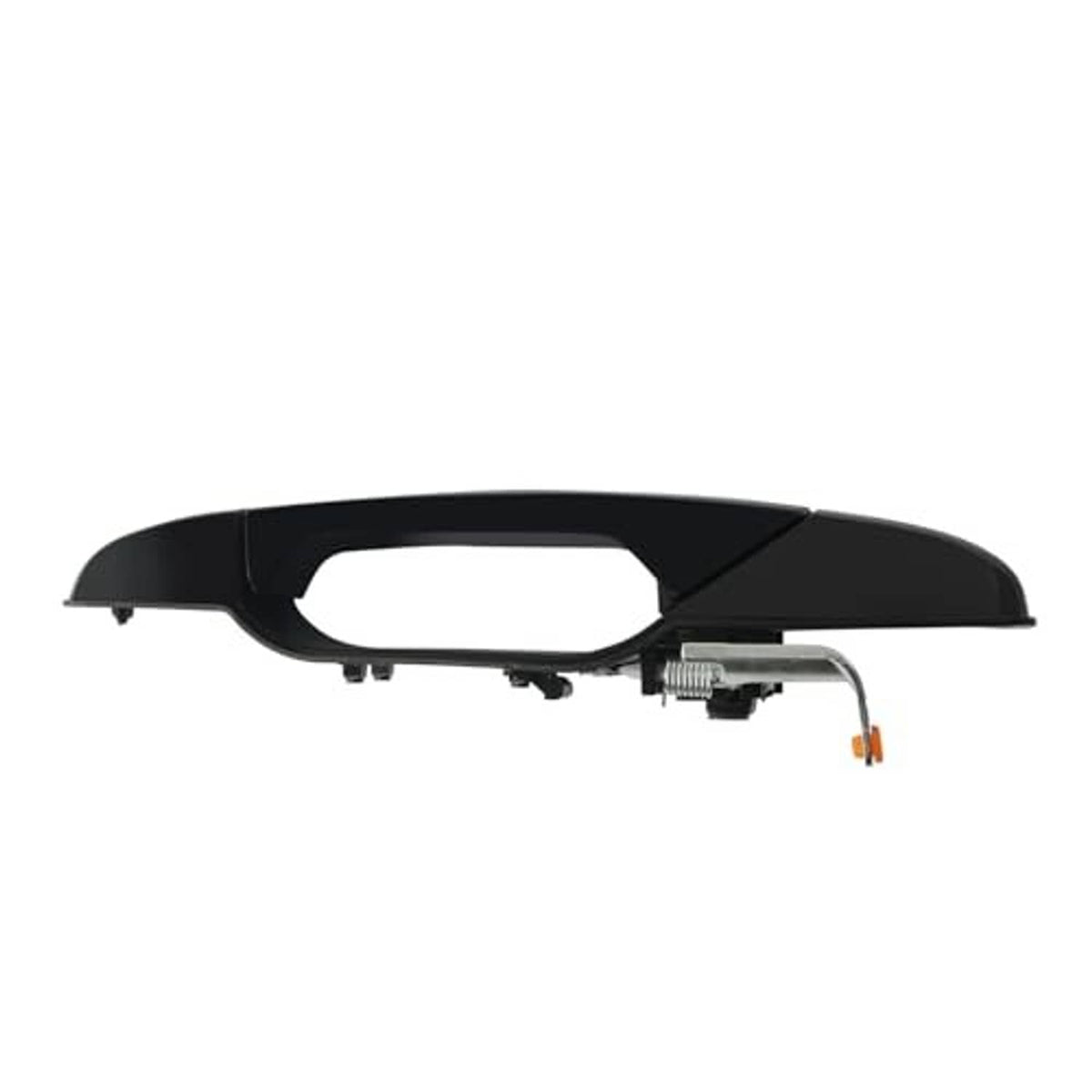 Black exterior door handle underside view with mounting hardware and amber marker