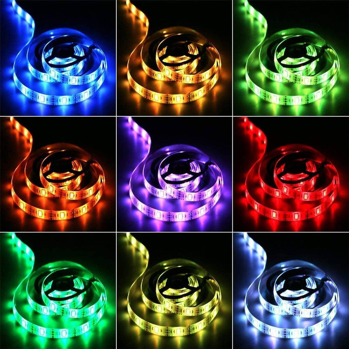 Spiral RGB LED strip lights showing red, green, blue, purple, and amber glow