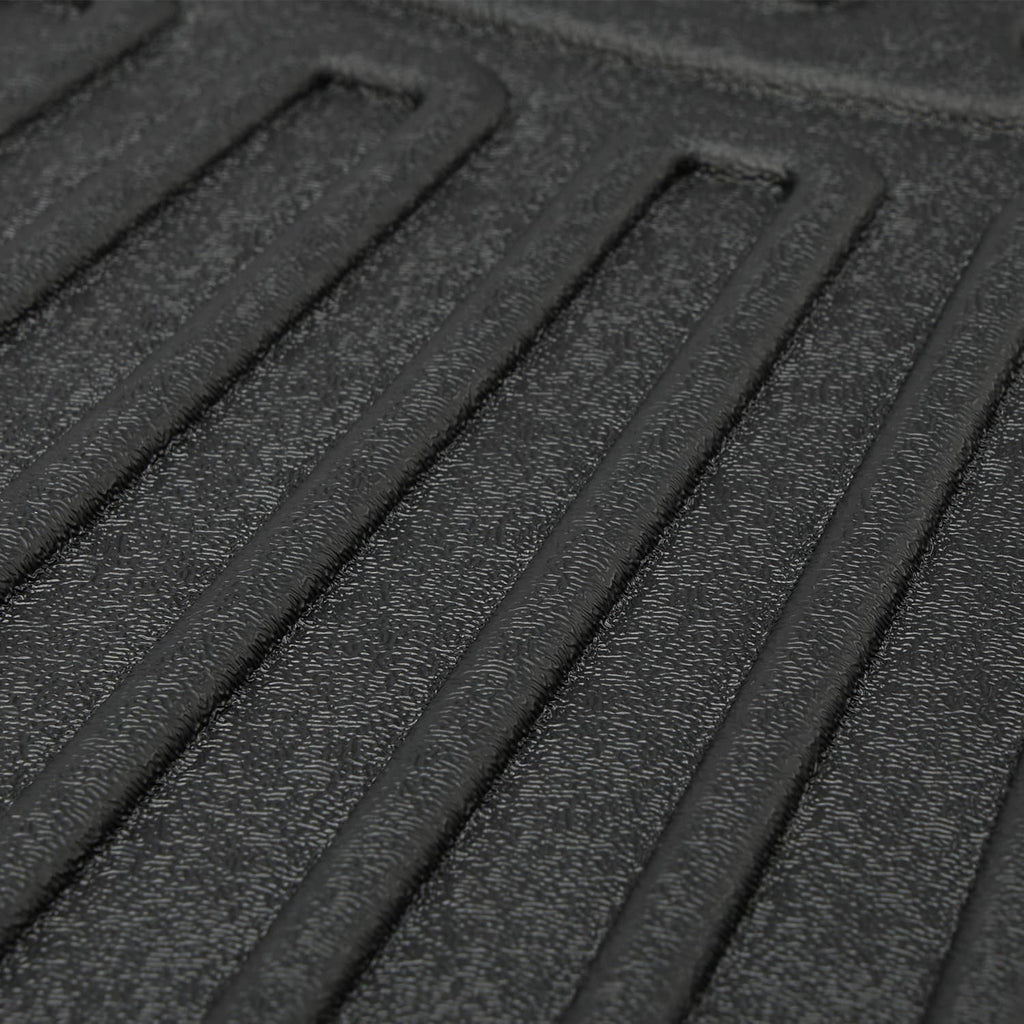 Close-up of black floor mat liner with textured grip ridges