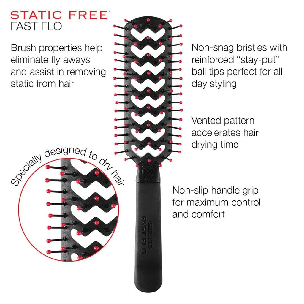 Black-handled vented hair brush with red bristle tips and heart-shaped pattern
