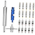 Valve core removal tool kit with blue and silver tools and mixed Presta/Schrader valve cores