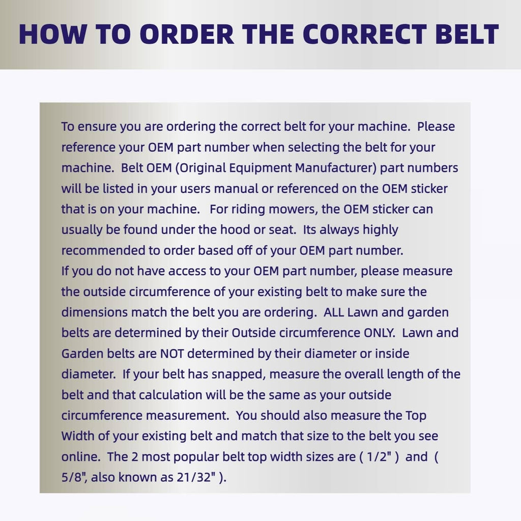 How to order the correct mower belt instructions, text panel view