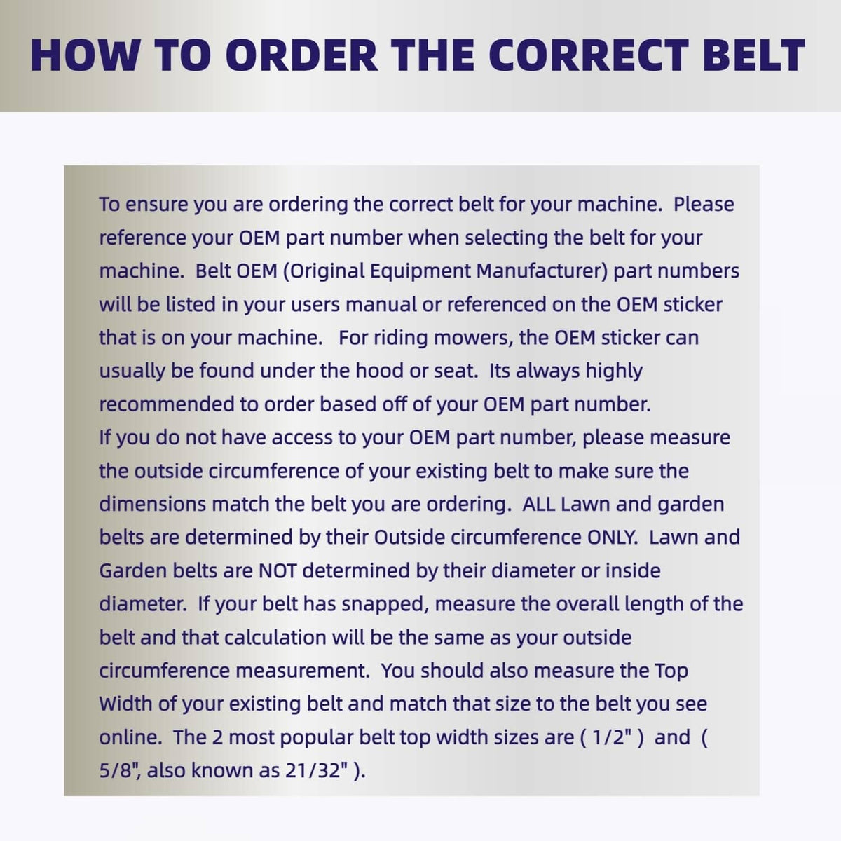 How to order the correct mower belt instructions, text panel view