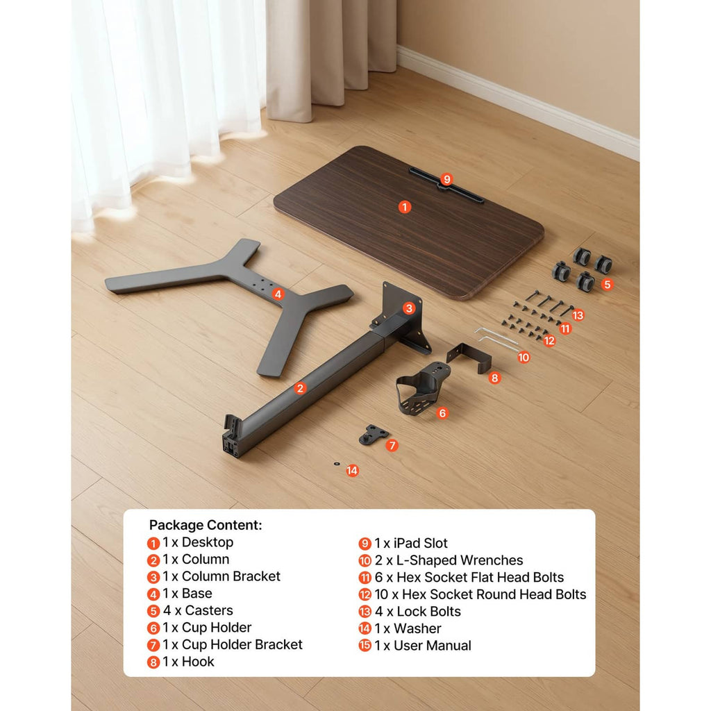 Standing desk parts kit with dark tabletop, metal frame, and caster set