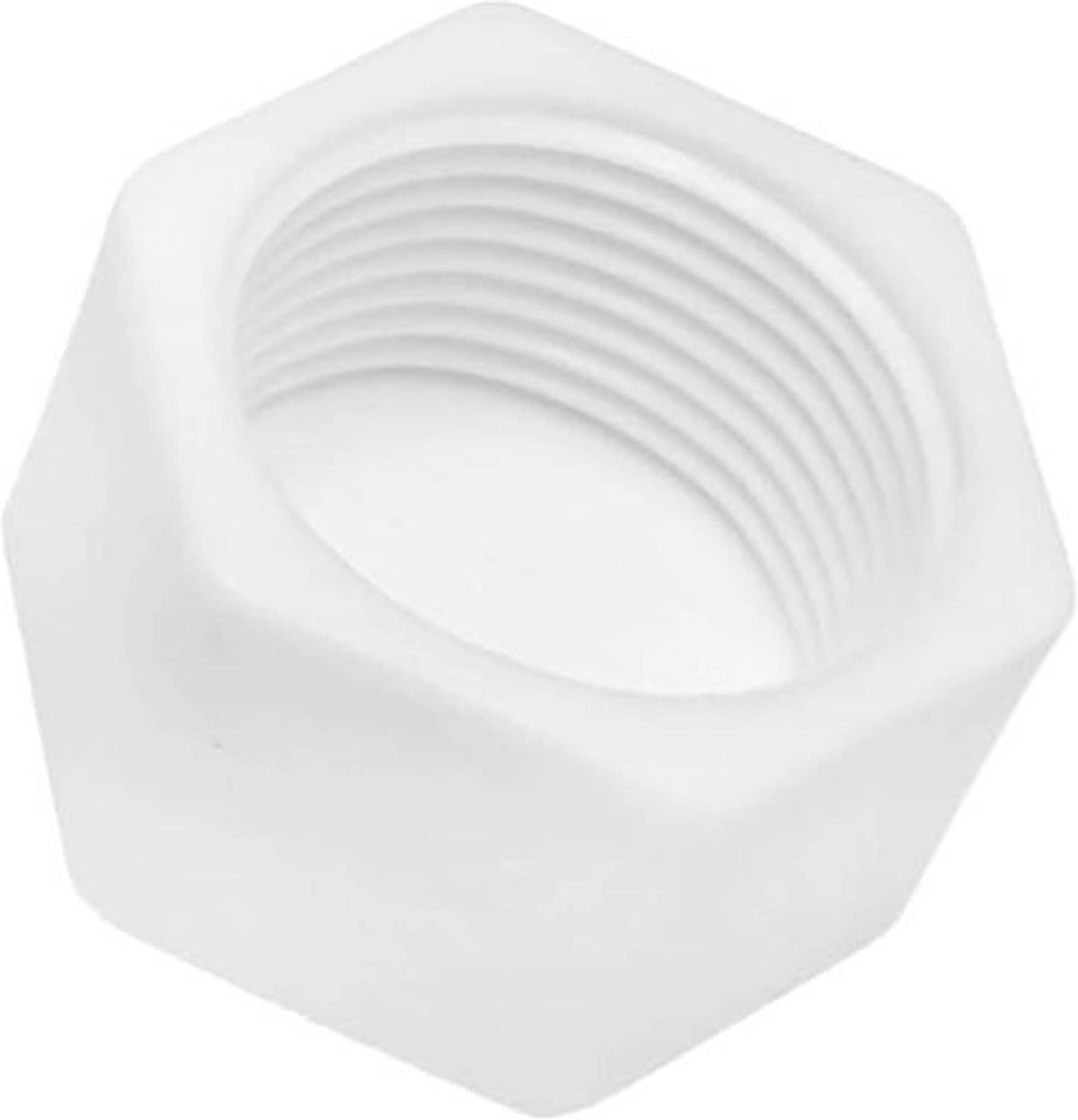 White hex PVC threaded pipe end cap with visible female thread ridges