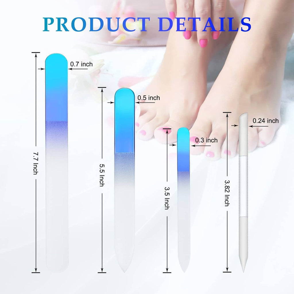 Four blue-gradient glass nail files with pointed tips shown near fingernails