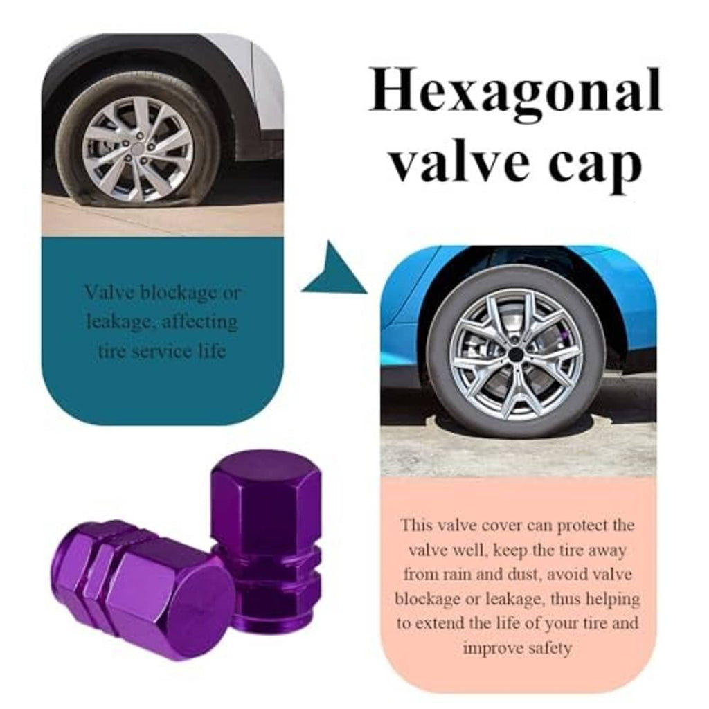 Purple hexagonal tire valve cap pair, protective metal cover