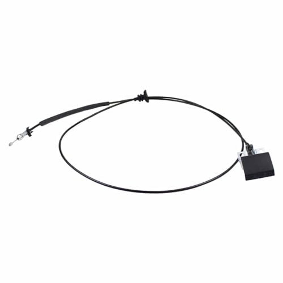 Hood release cable with black wire loop and latch components at both ends
