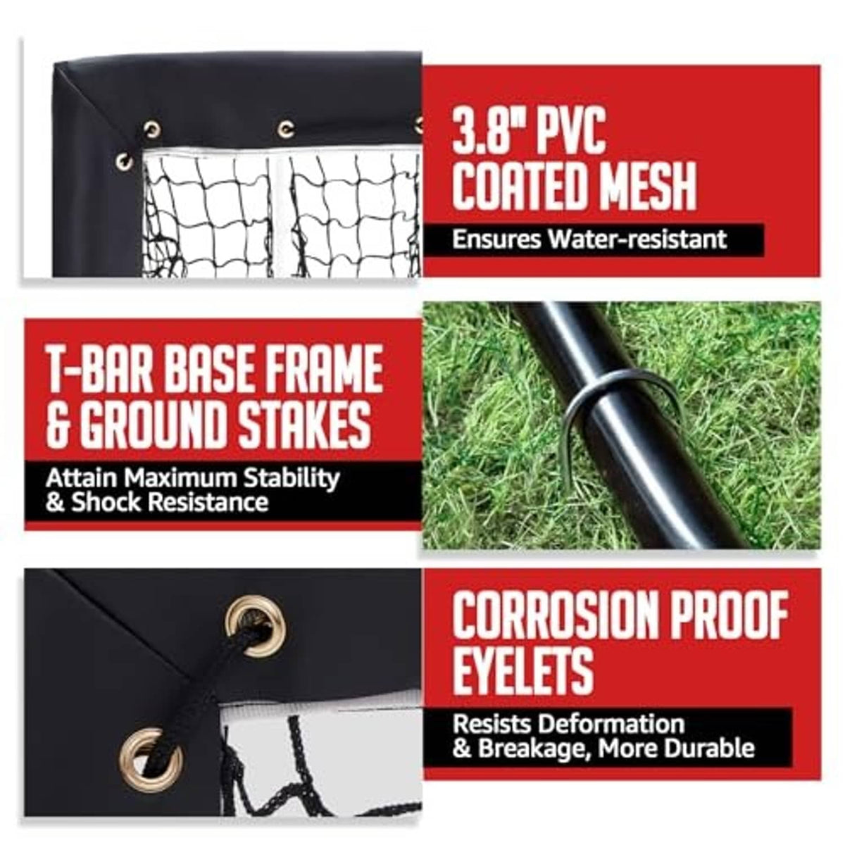 Pitching net with PVC-coated mesh, T-bar base frame, and corrosion-resistant eyelets