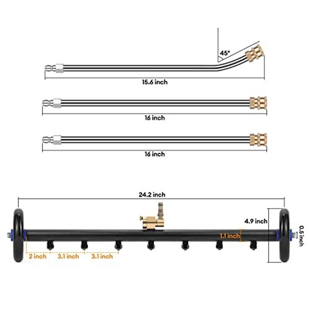 24-inch pressure washer water broom cleaner bar with black wheels, brass fittings, and nozzle row