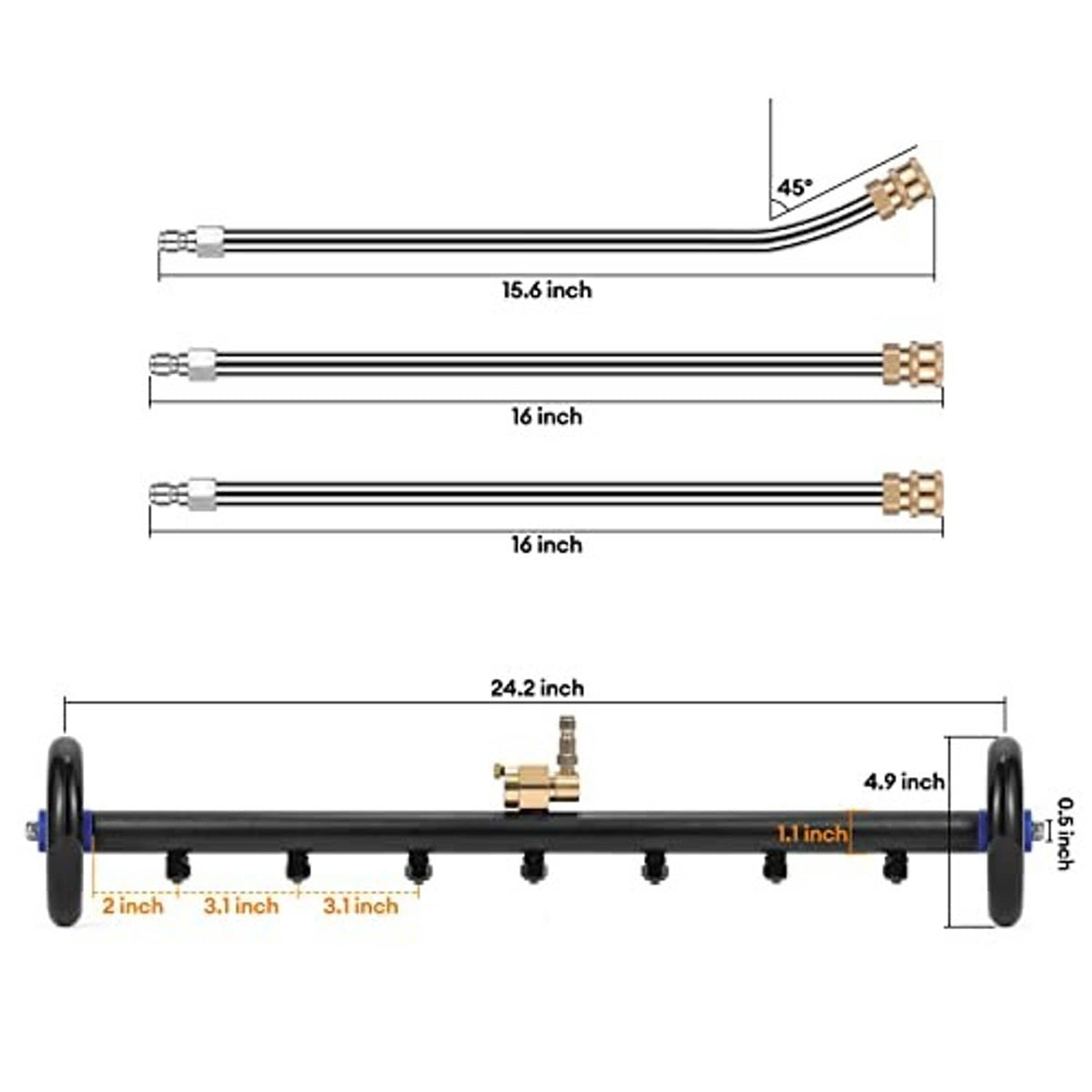 24-inch pressure washer water broom cleaner bar with black wheels, brass fittings, and nozzle row
