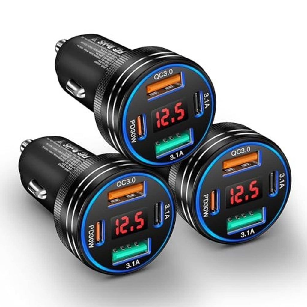 3-pack black car USB-C chargers with blue LED screens and multi-USB fast charge ports