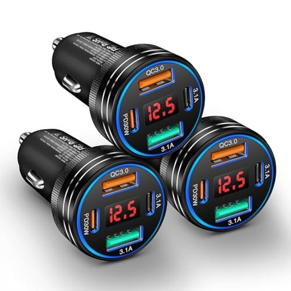 3-pack black car USB-C chargers with blue LED screens and multi-USB fast charge ports