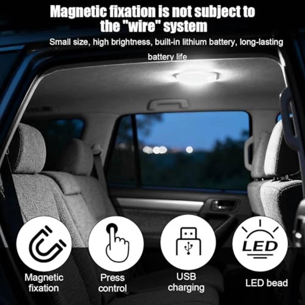 Wireless LED dome light mounted on car ceiling, bright white illumination