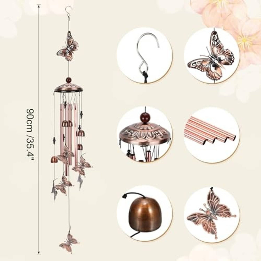Vintage-style butterfly wind chime with round top cap and hanging metal tubes