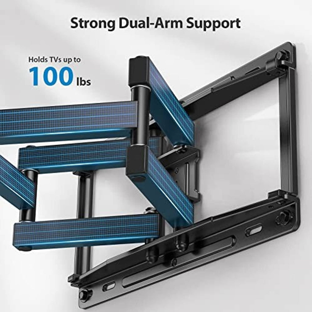Black dual-arm TV wall mount bracket supporting up to 100 lb with blue support bar