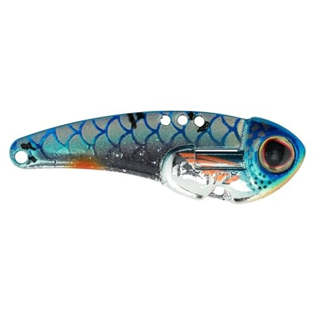 Blue-silver blade bait lure with red eye, silver body, and treble hooks