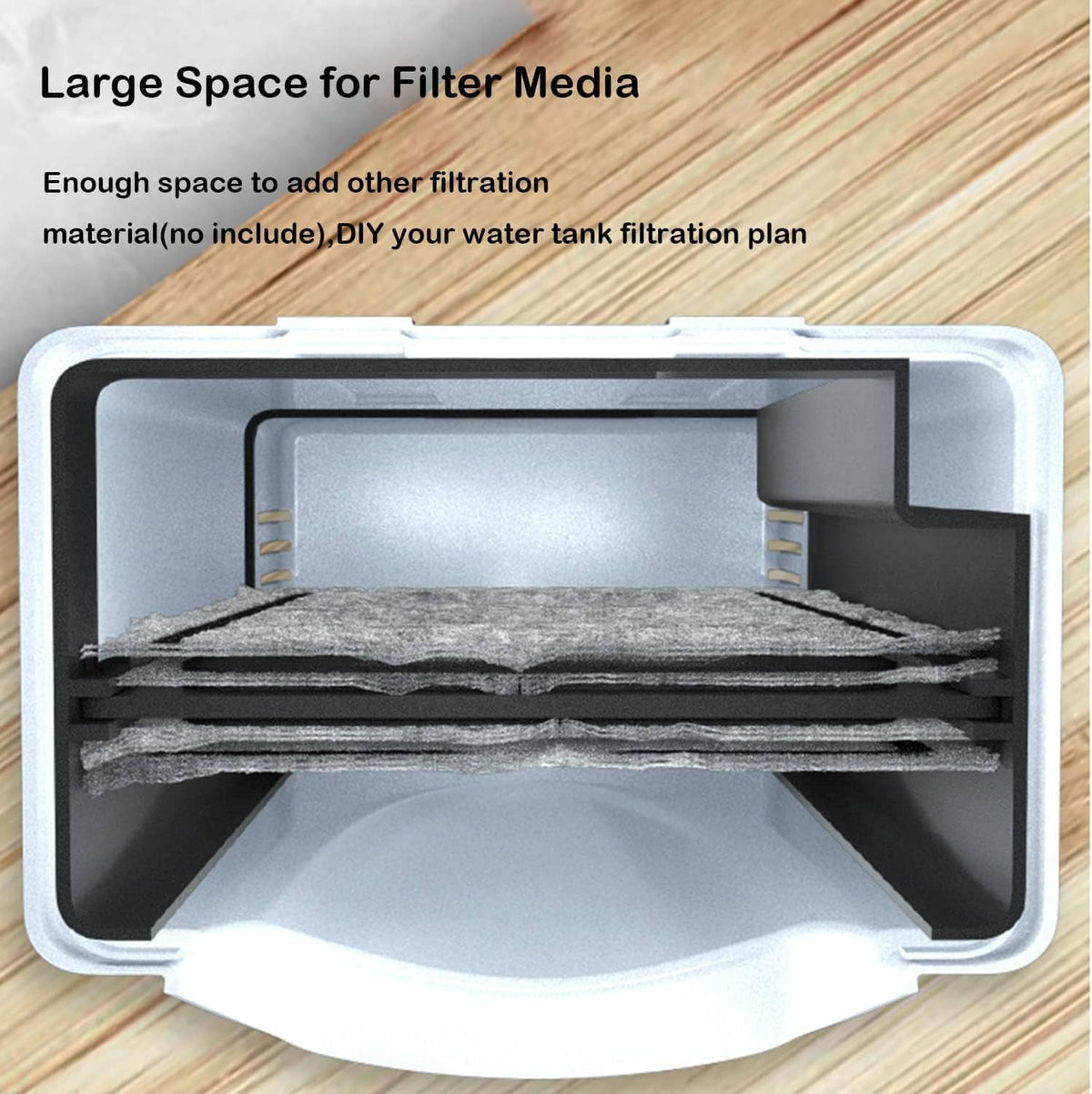 Aquarium filter canister with open chamber for stacked filter media inside