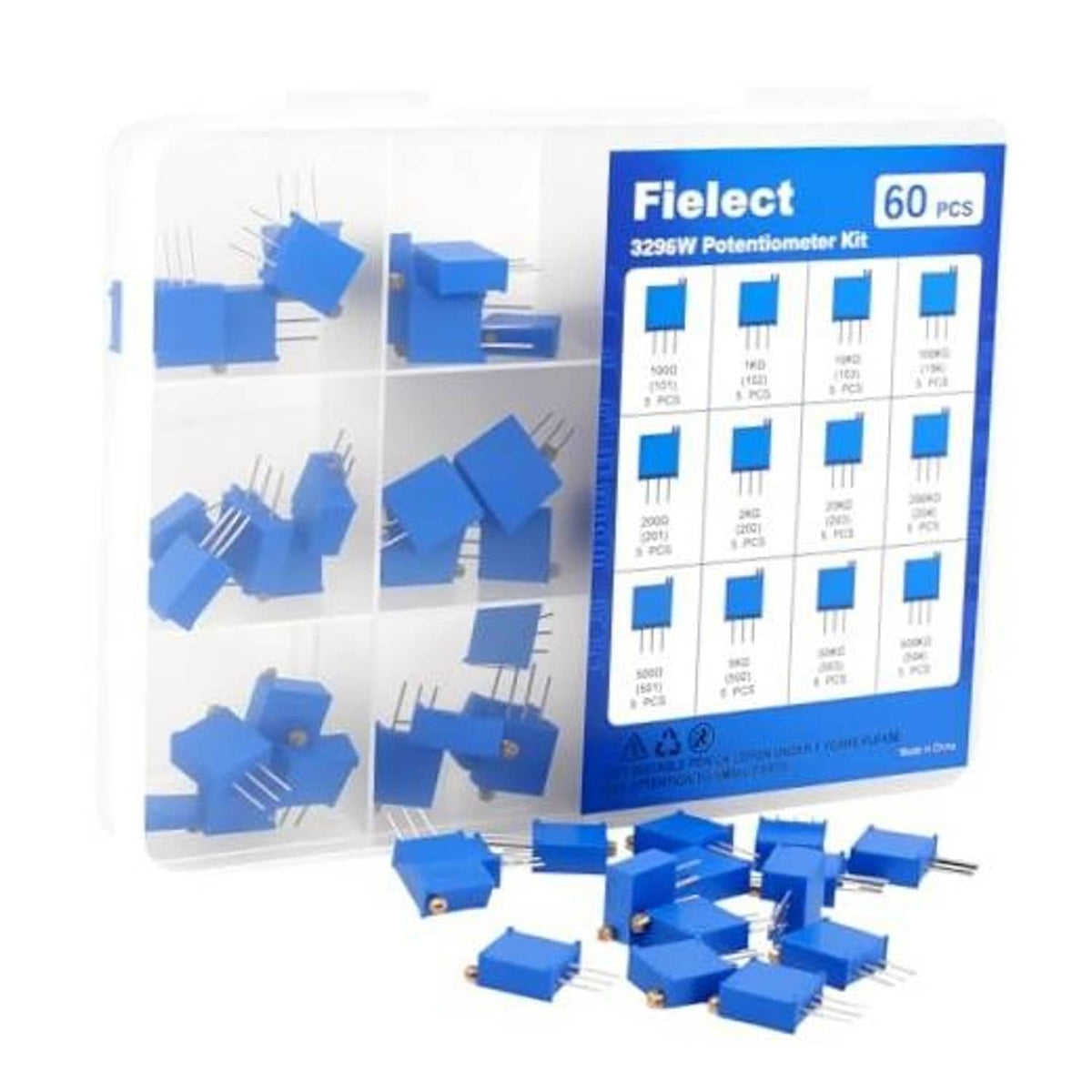 Blue multiturn trimmer potentiometers kit in clear plastic organizer tray with pins