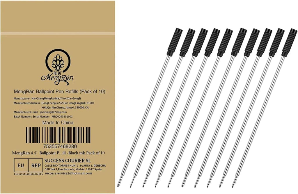 Ballpoint pen refill set with black caps, 1mm medium tips, black ink, 10-pack, 4.5 in