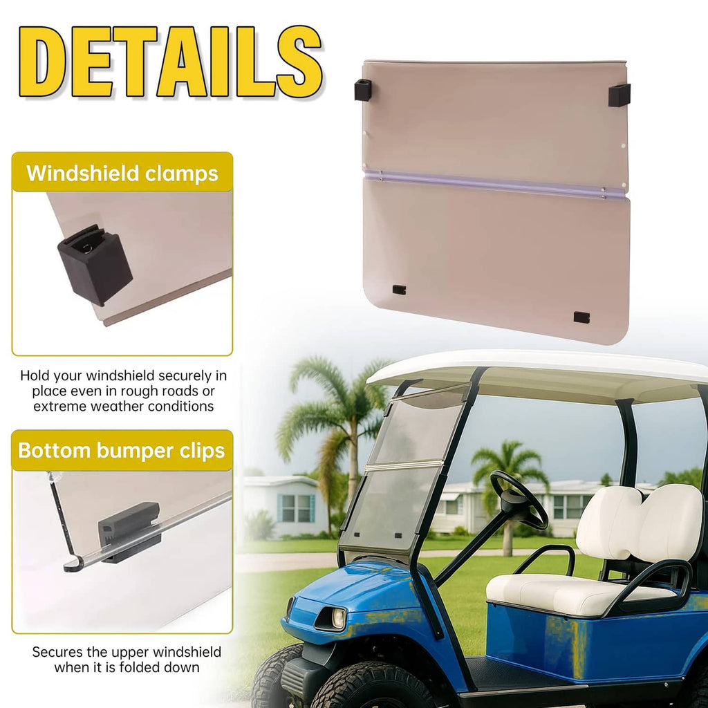 Tinted folding windscreen with windshield clamps and bottom bumper clips for secure fit