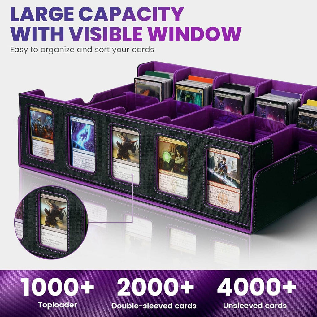 Purple trading card storage box with front windows and purple inner divider compartments