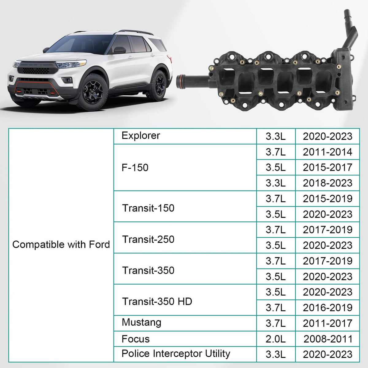 Lower intake manifold next to SUV, showing front engine-side runner openings