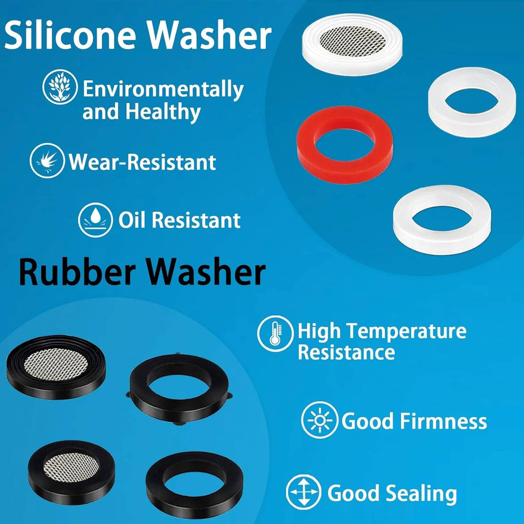 Silicone and rubber washer set with mesh screens and colored flat seals