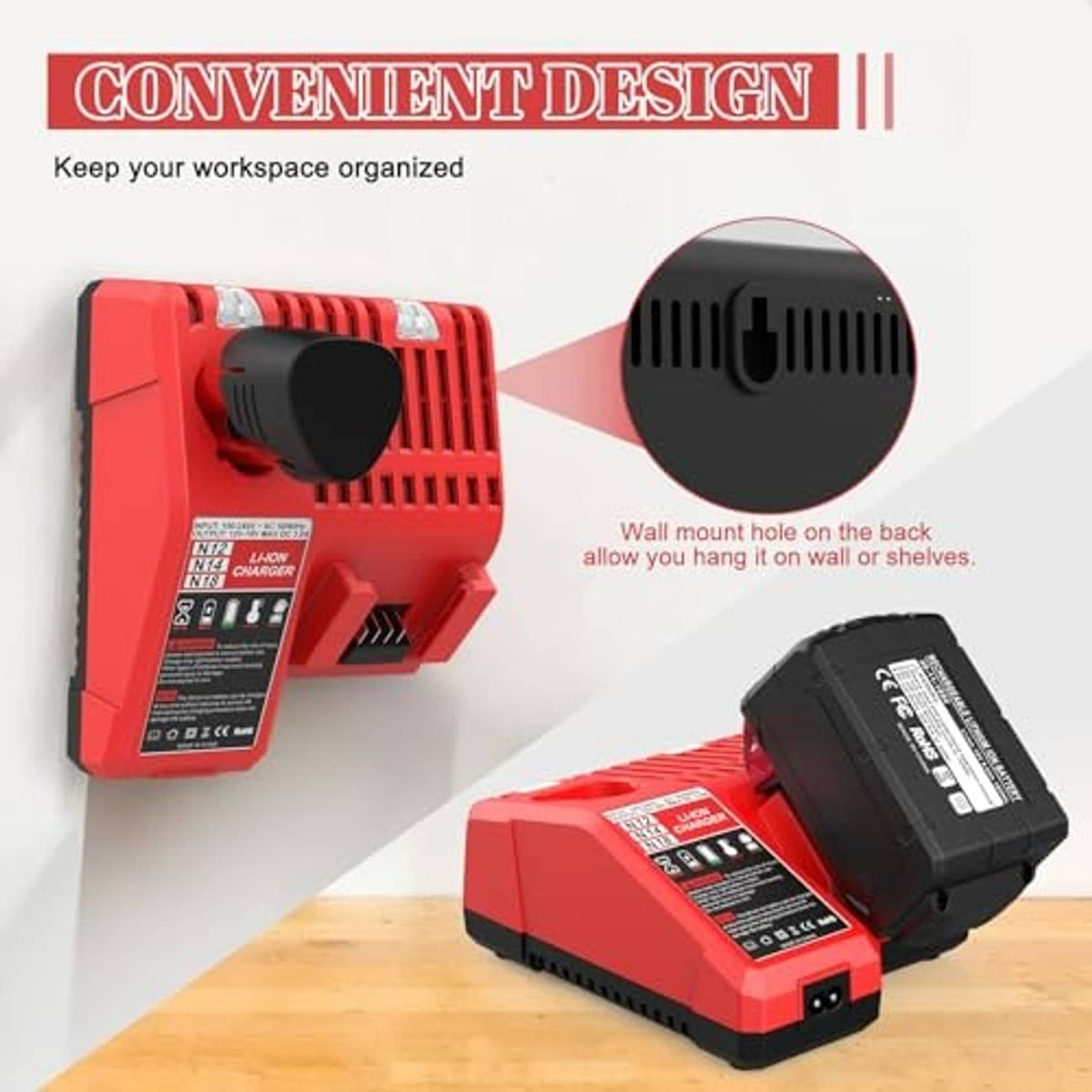 Red charger with vented body and wall-mount hole for organizing workspaces