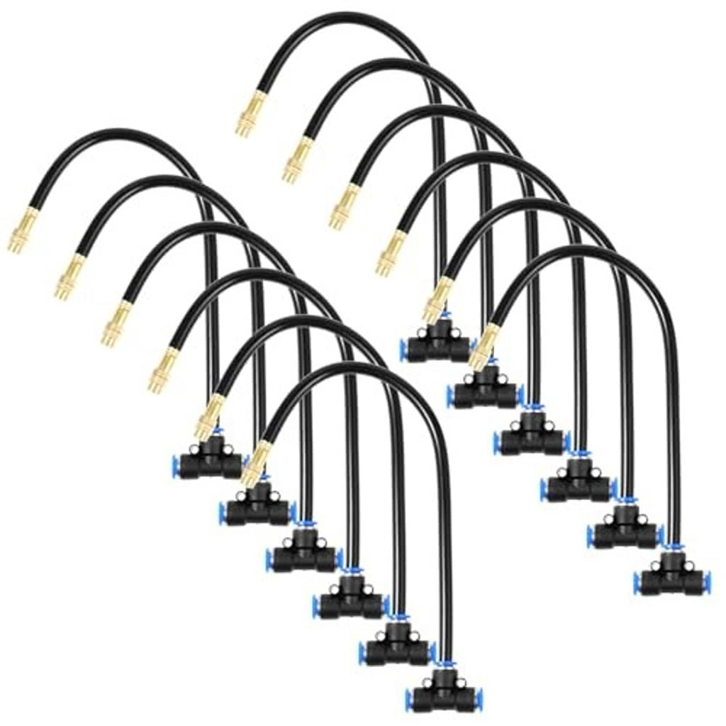 12-piece misting nozzle set with multiple curved black hoses and blue valve connectors