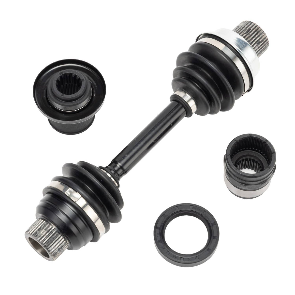Front differential drive shaft coupler with two end caps and rubber boot seal