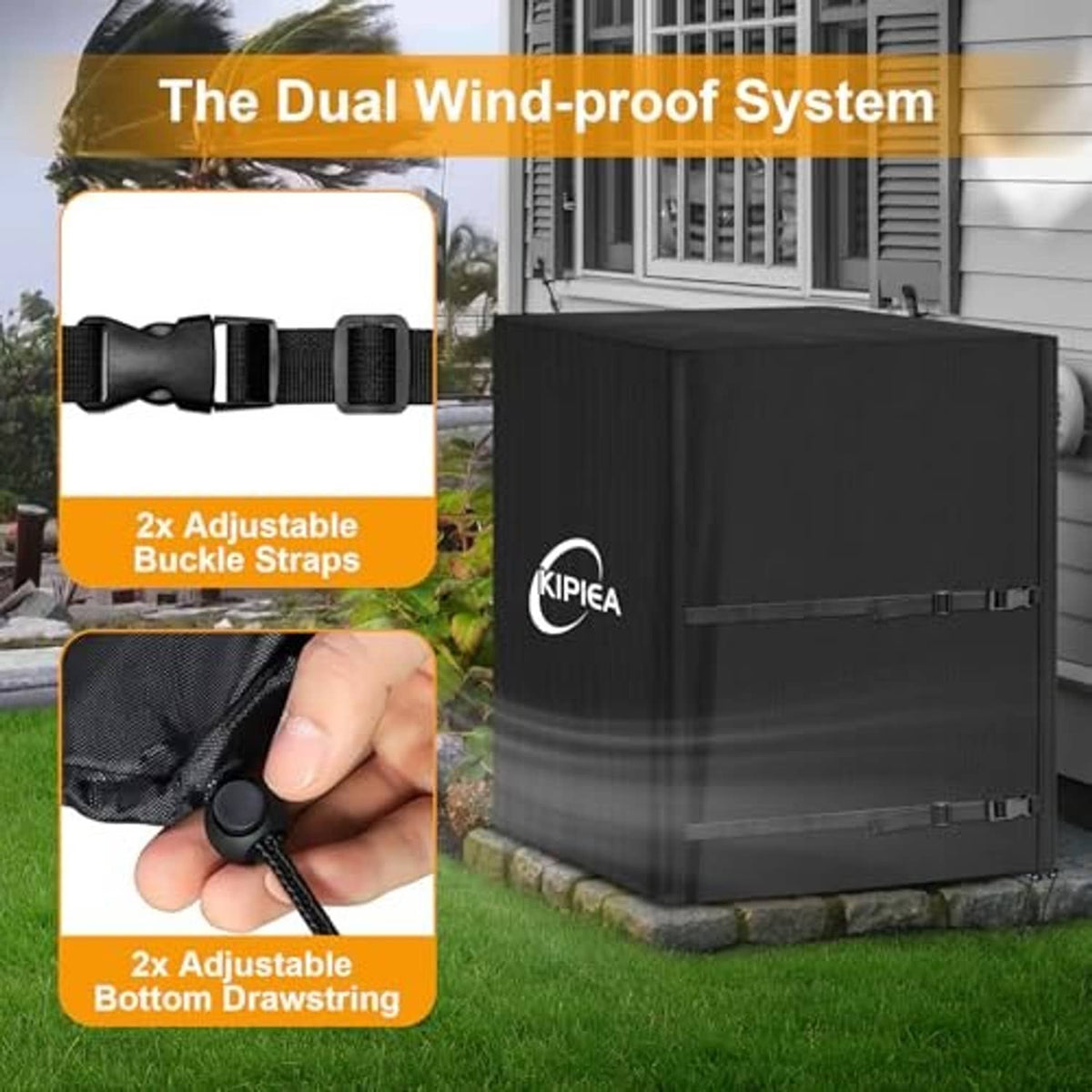 Black air conditioner cover with adjustable buckle straps and bottom drawstring