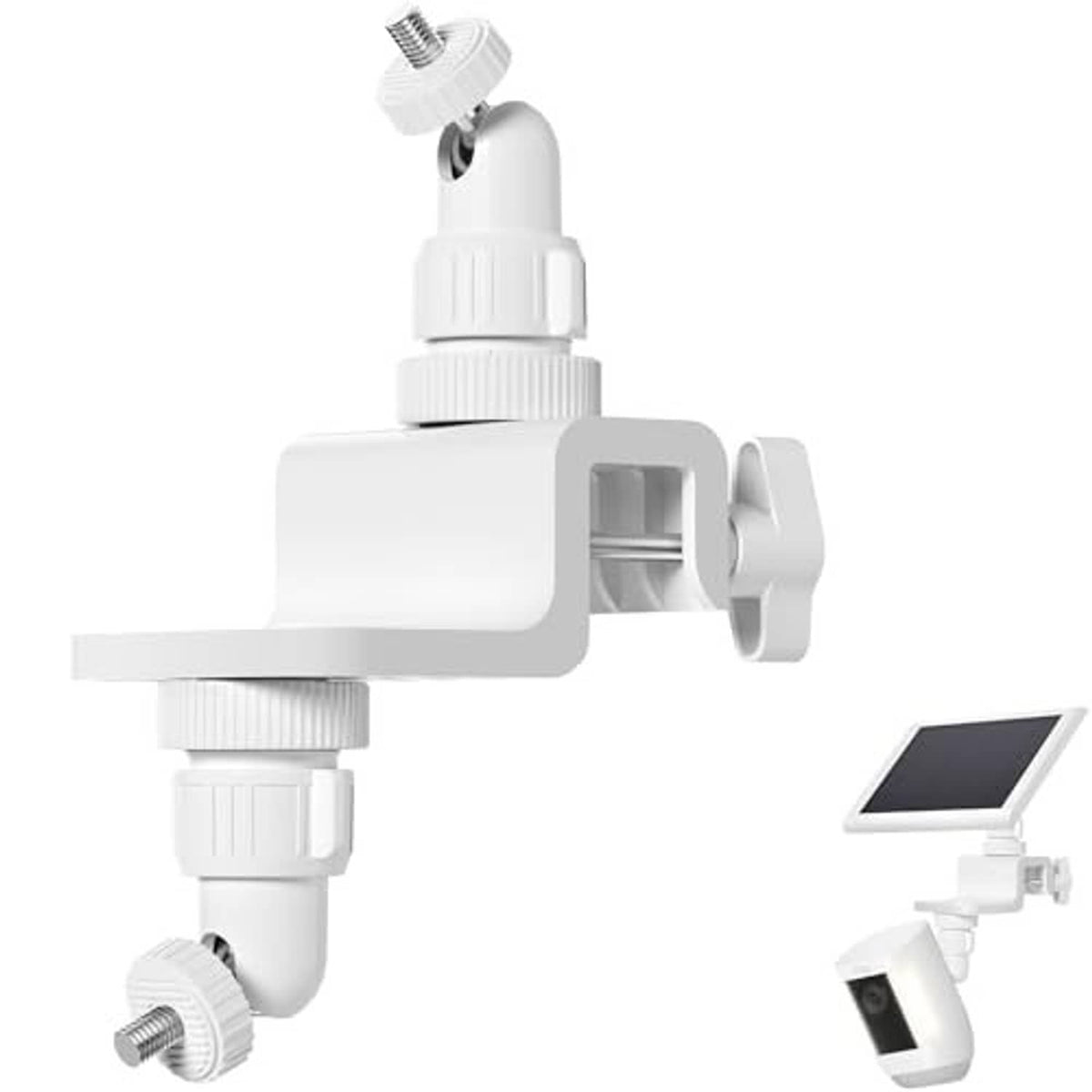 White adjustable gutter mount with clamp bracket for camera and solar panel