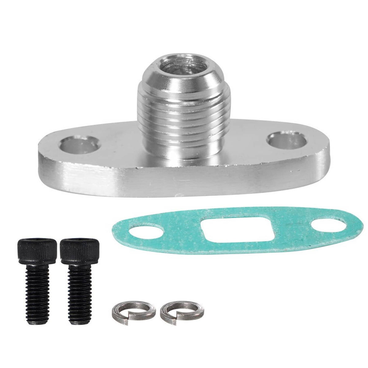 Turbo oil drain outlet flange adapter kit with green gasket, bolts, and two metal rings