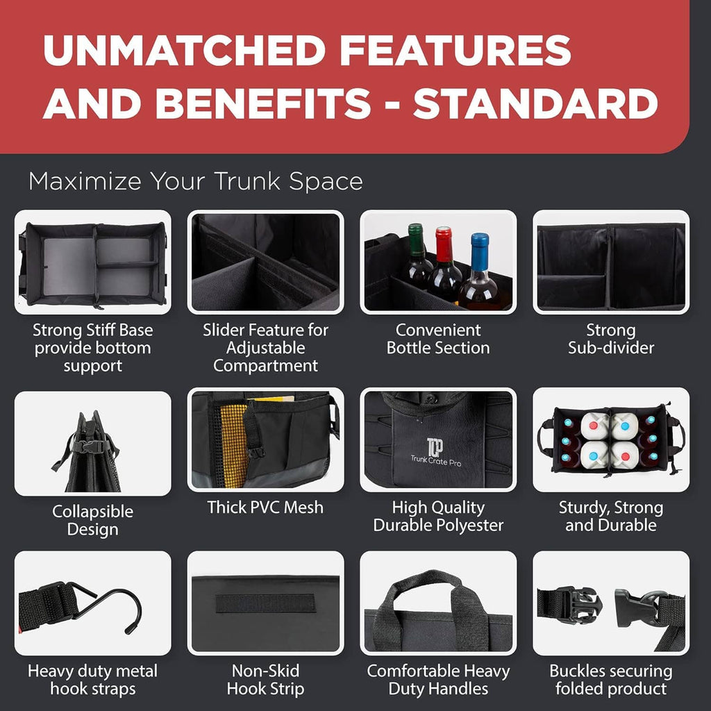 Black trunk organizer with internal dividers, sub-divider pockets, and mesh storage