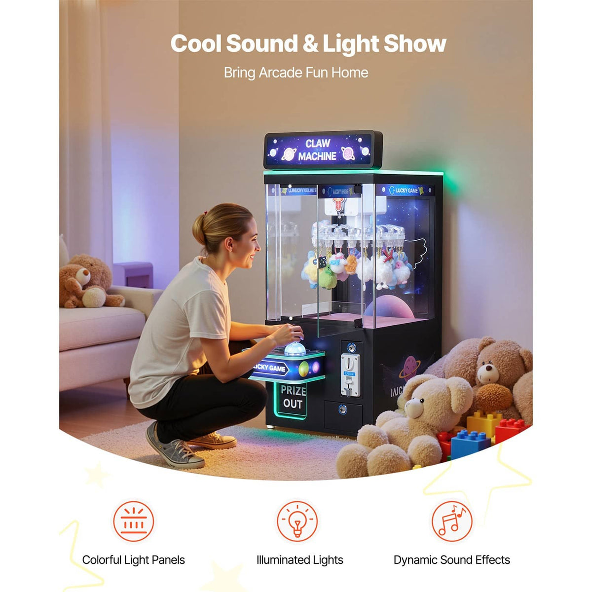 Uimoso claw crane arcade game machine with colorful light panel and illuminated cabinet