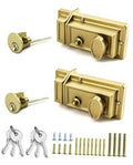 Gold antique-style rim deadbolt lock set with key, two locks and keys shown