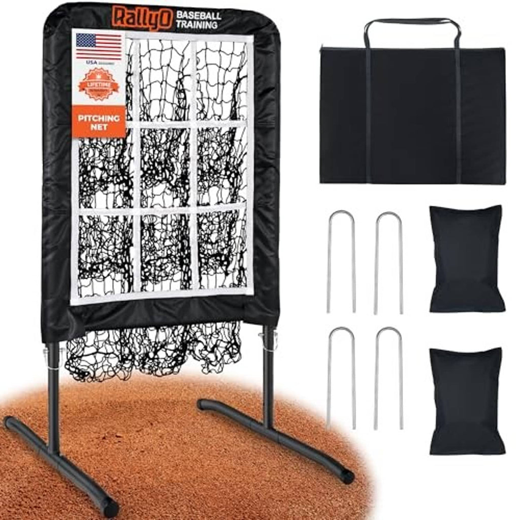 Baseball pitching net kit with black frame, target panel, stakes, and storage bags