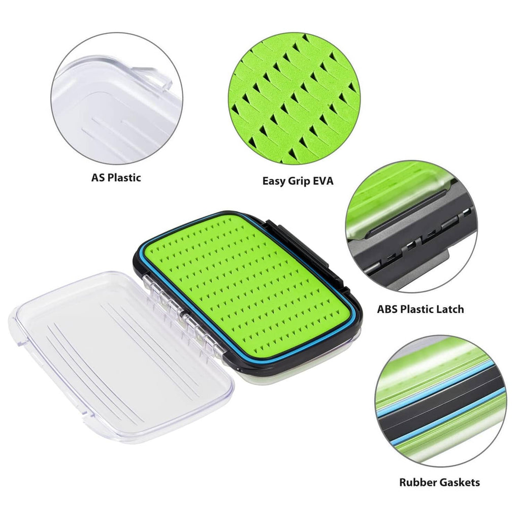 Fly fishing tackle box with transparent case, lime EVA insert, black ABS plastic latch