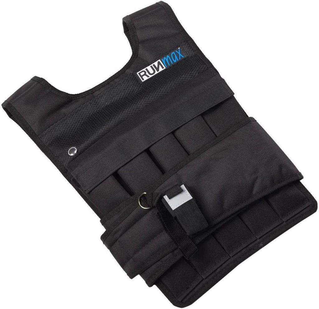 Black weighted vest with front harness, buckle strap, and weight block pockets