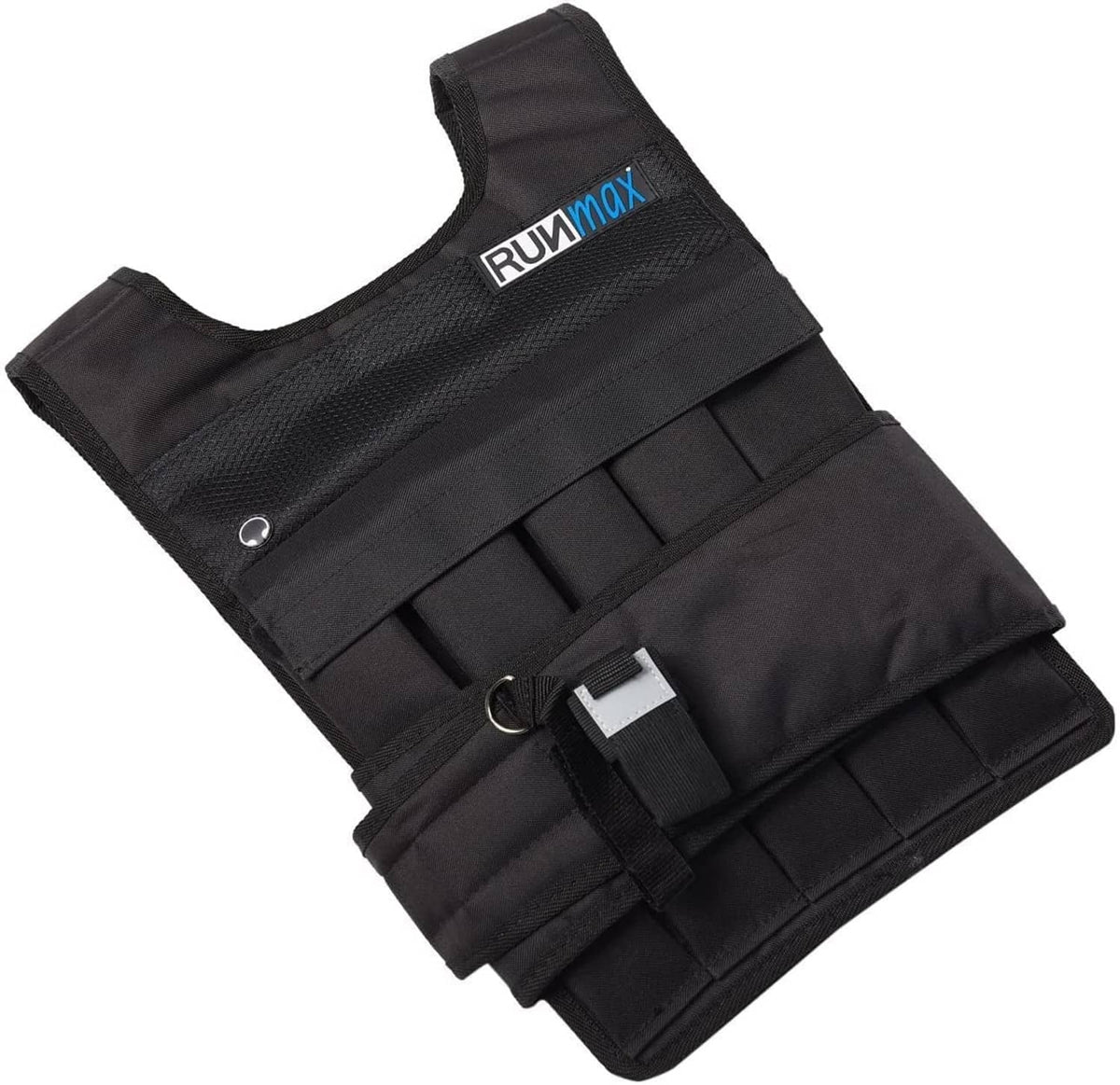 Black weighted vest with front harness, buckle strap, and weight block pockets