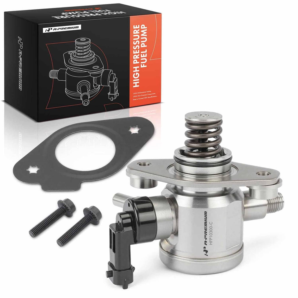 High-pressure fuel pump assembly with gasket, bolts, and spring-loaded valve
