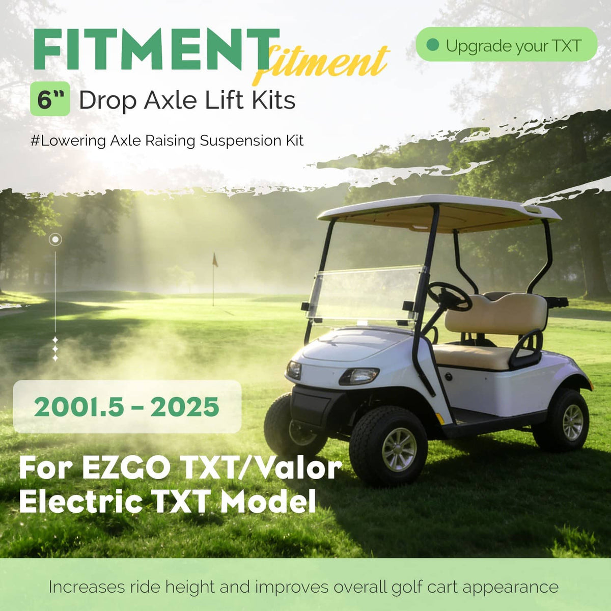 Golf cart with 6-inch drop axle lift kit installed, front lifted