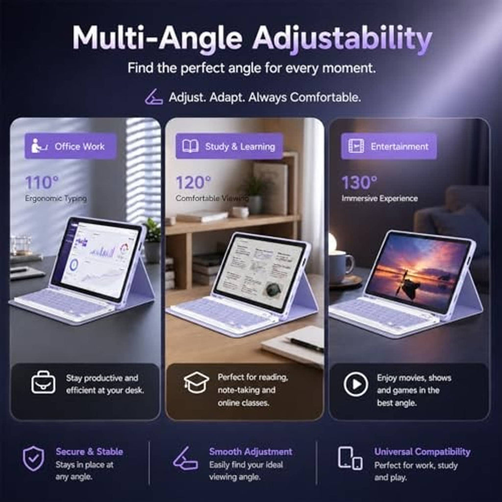 Adjustable tablet keyboard case shown in multiple viewing angles with stand