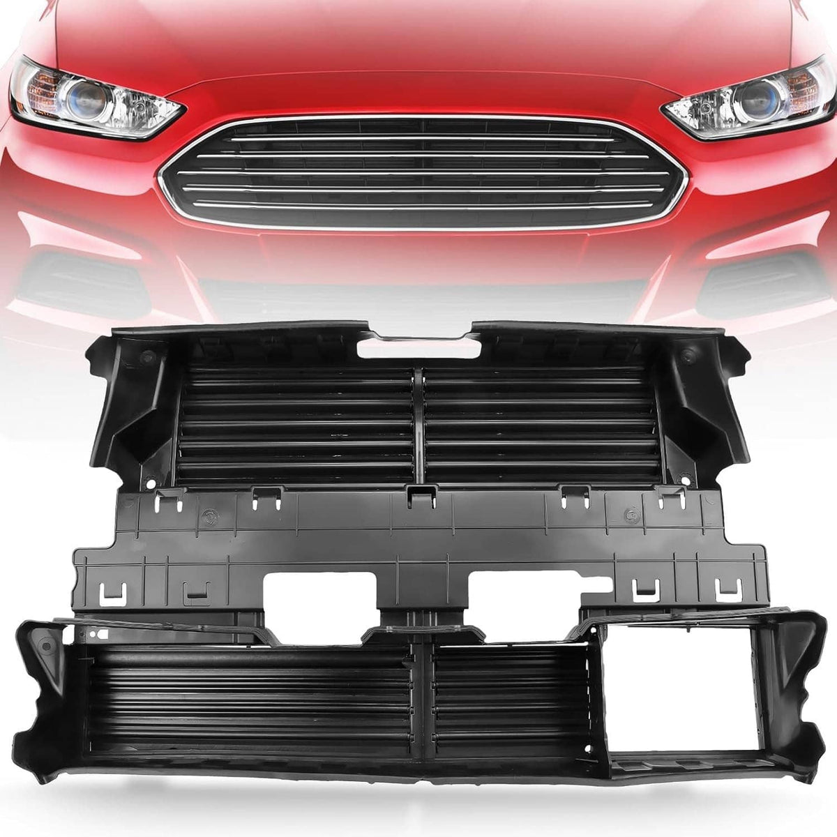 Black grille shutter assembly with horizontal louvers and central actuator, front insert part