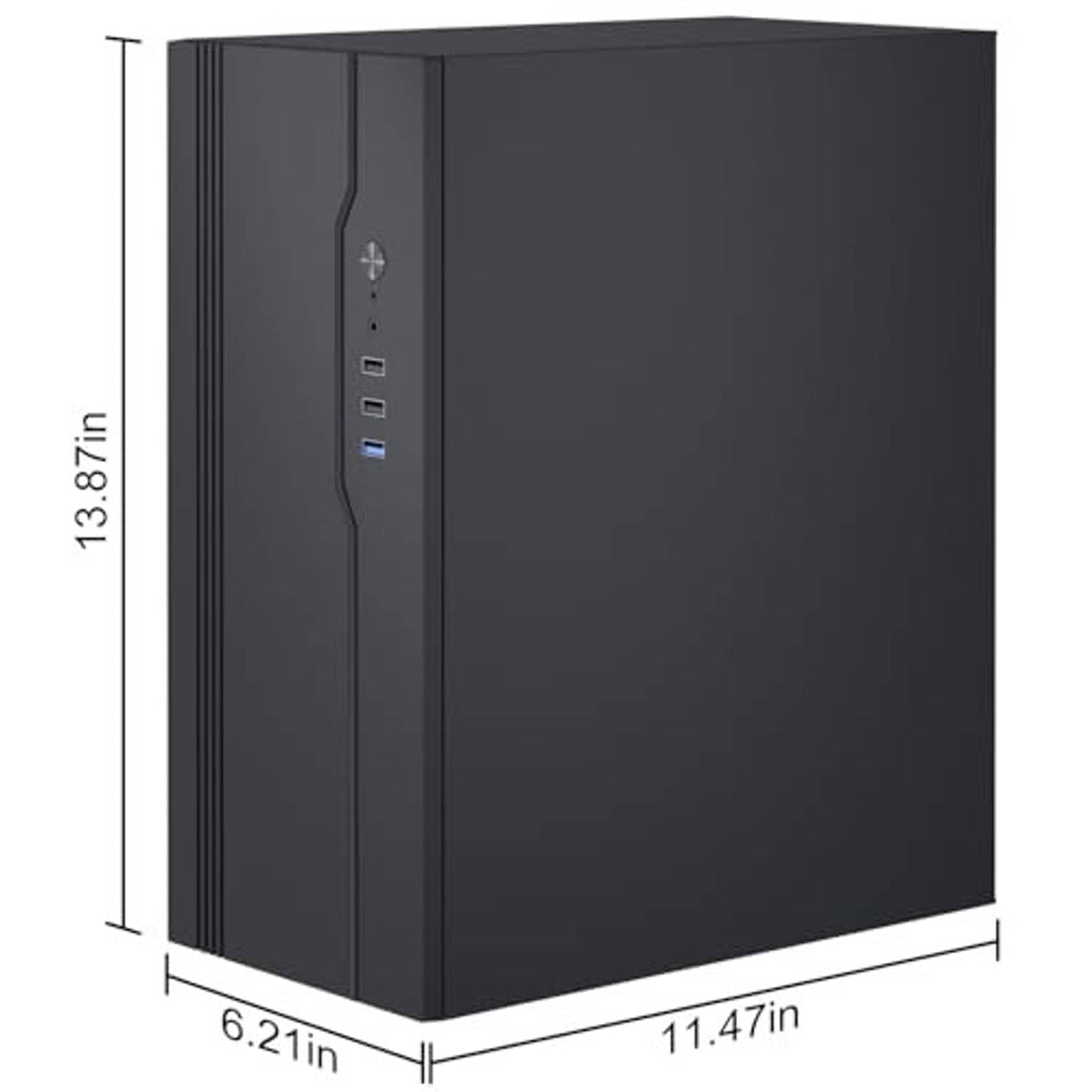 Black compact PC case with front I/O panel, side handles, and vented side strip